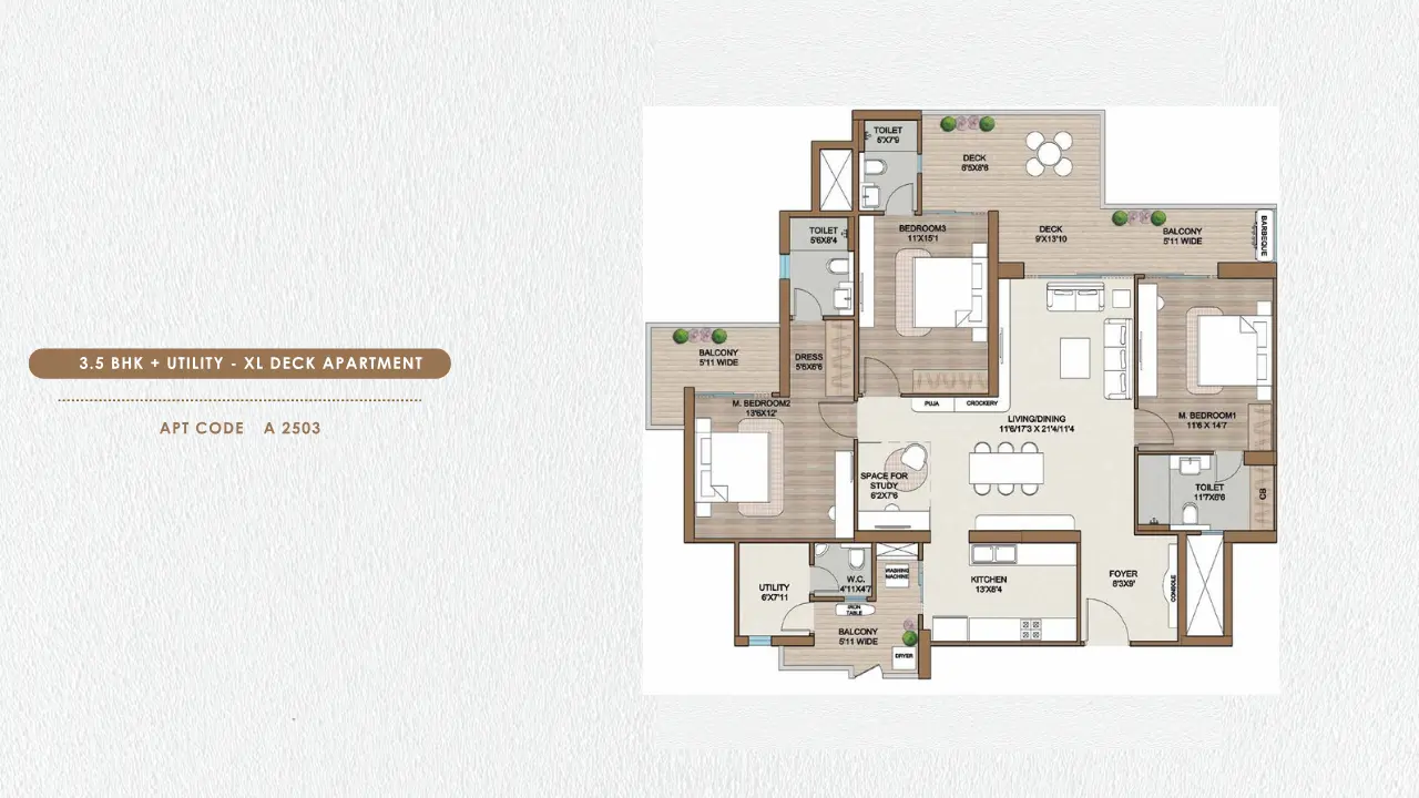 3 BHK + Utility + XL Deck Apartment Plan