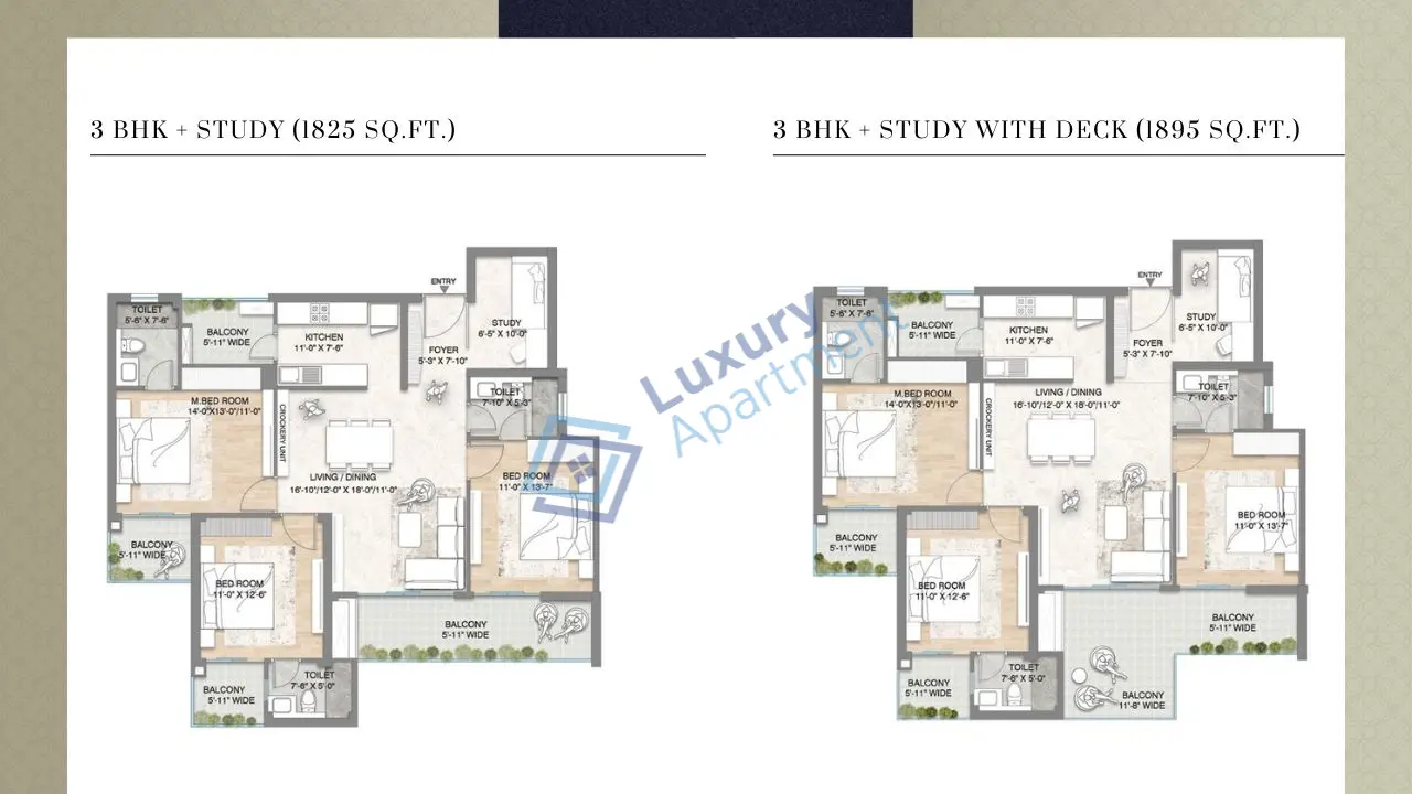 3 BHK + Study Plan