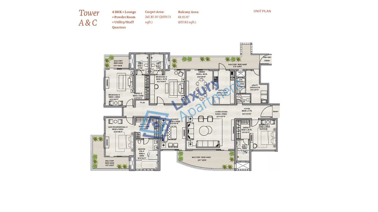 Tower A & C | 4 BHK + Lounge + Powder Room + Utility/S.Room Plan