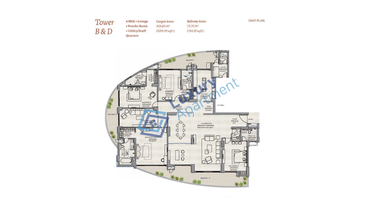 Tower B & D | 4 BHK + Utility Room + Powder Room + Utility/S.Room Plan