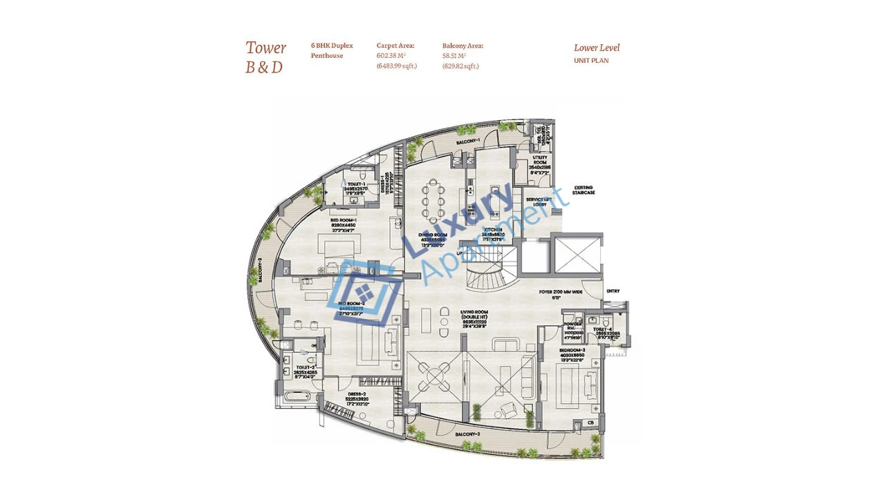 Tower B & D Lower Plan | Penthouse | 6 BHK Plan