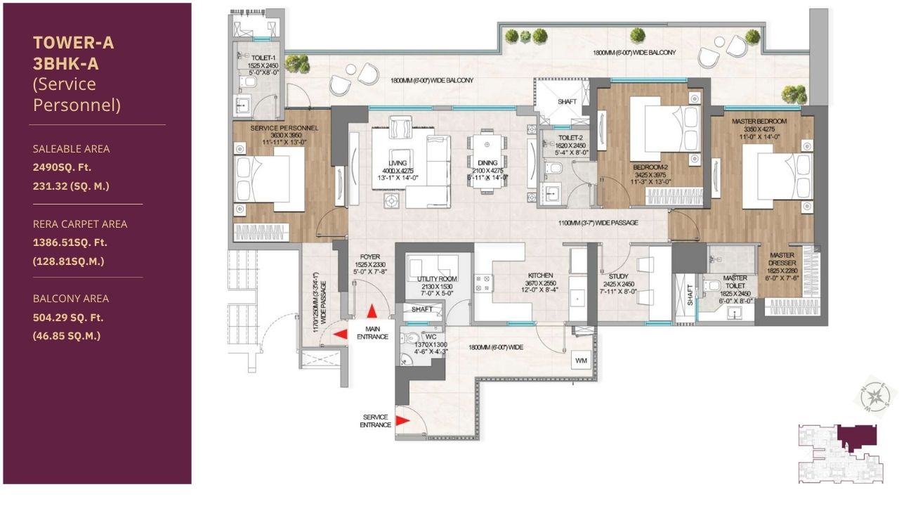 3 BHK + Study Plan